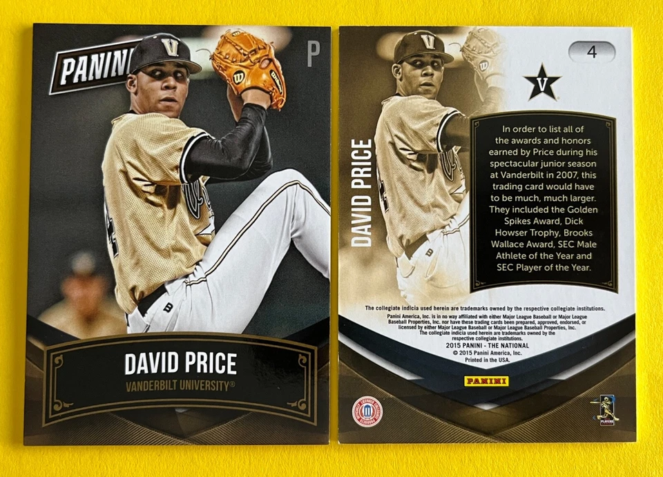 David Price 2015 Panini National Promo THICK STOCK PARALLEL Card #4 VANDERBILT - Image 1 of 1