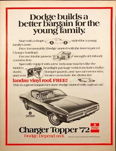 1972 Dodge Chrysler Charger Topper '72 Car Vintage Print Ad For The Young Family - Picture 1 of 1