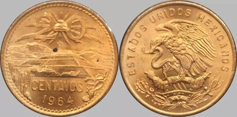 1964 年墨西哥 20 CENTAVOS 未流通未流通细节硬币 #D — 第 1/1 张图片