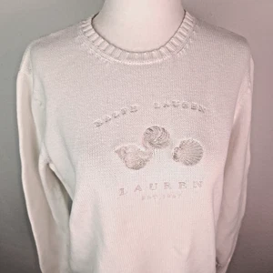 VINTAGE RALPH LAUREN White Knit Sweater Women's Crew Seashells Coastal ~M - Picture 1 of 22