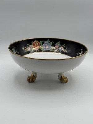Antiguo cuenco para servir Morimura Nippon pintado a mano negro y dorado con patas florales Foto 1 de 4