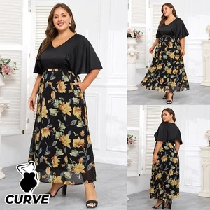 Curvy Women Floral V Neck Maxi Dress Pockets Holiday Evening Sundress Plus Size - Picture 1 of 20
