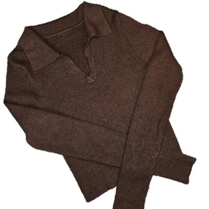 Chocolate Brown Cropped Ribbed Knit Polo Sweater M Collared Y2K Capsule Neutral - Picture 1 of 8