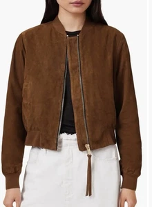 AllSaints Orten Suede Bomber Jacket Cognac Brown Women’s Size 8 - Picture 1 of 6