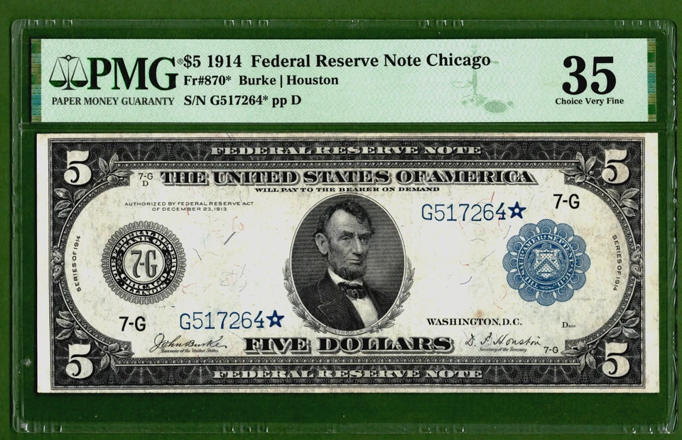 1914💲5  FRN  🌟  STAR NOTE  🌟 🏛️ CHICAGO  Fr-870*    🏛️  PMG 35 - Image 1 of 4