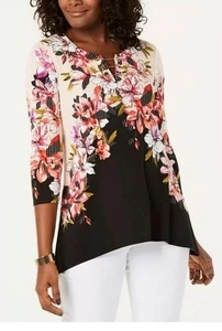 Tunika Top Damen Medium fließend lockere Passform Blumen Shirt Kette Hi-Low JM COLLECTION - Bild 1 von 10