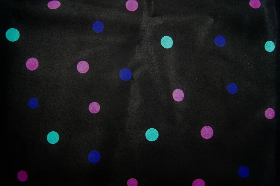 1 Yard Red Blue Green Polka Dot on Black Silky Poly Blend Blouse Fabric 34"X 54" - Image 1 of 3