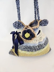 Funky Fun Handmade Crochet Knit Bag Large Purse Boho Hippie Flowers Blue Beige - Picture 1 of 17