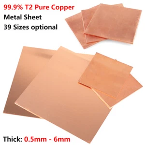 0.5mm-6mm Thick 99.9% T2 Pure Copper Plate Sheet Copper Block Laser Cut 39 Sizes - Picture 1 of 12