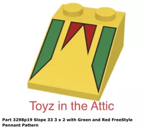 Lego 1x 3298p19 Slope 33 3 x 2 with Green and Red FreeStyle Pennant Pattern - Picture 1 of 2