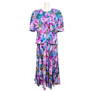 Adrianna Papell Two Piece Suit Set Women's 14 Floral Silk Vintage Elegant Easter - Picture 1 of 11