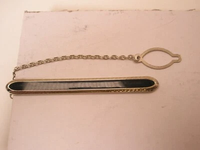 2-3/8" Thin Design Inlaid Black Stone Thin Design Vintage Tie Bar Clip w/chain - Image 1 of 4