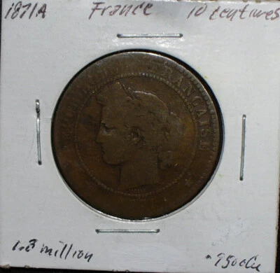 France 1871A 10 Centimes Bronze Coin - Image 1 of 2