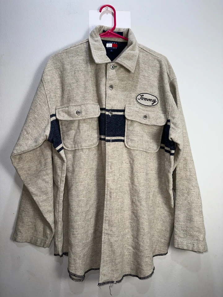 Camisa Tommy Hilfiger Para Hombre Grande Manga Larga Marrón Abotonada Clásica Lana Logo L Foto 1 de 4