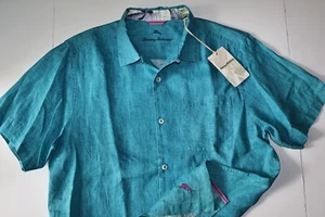 Tommy Bahama Camp Shirt Sea Glass Solid Linen Riviera Azure Blue SS New Medium M - Picture 1 of 4