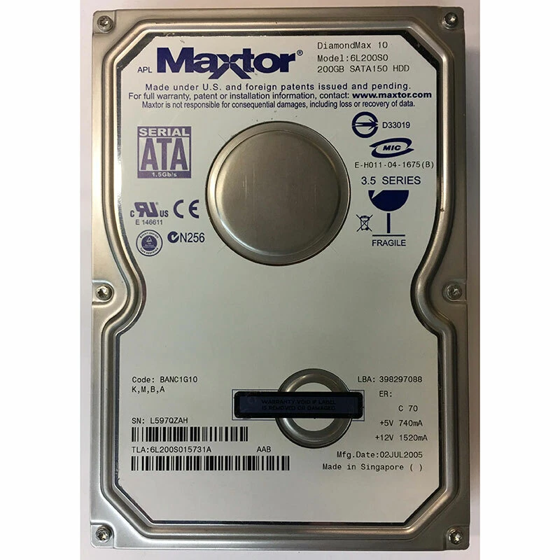 6L200S0  - Maxtor 200GB 7200 RPM SATA 3.5" HDD - Image 1 of 1