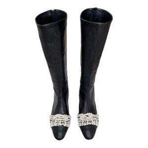 Chanel Cap Toe High Leather Boots with Pearls - Picture 1 of 13