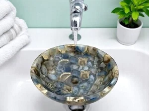 Splendido lavandino in pietra agata blu 18" lusso fatto a mano agata naturale vaso lavabo - Foto 1 di 5