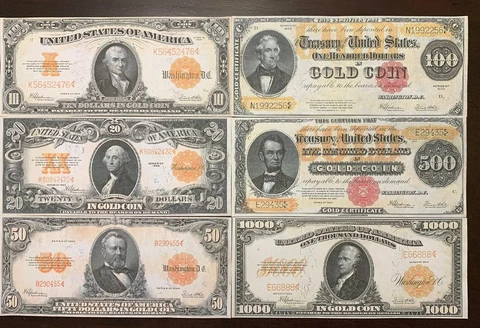 Reproduction Set 1922 Gold Certificates $10-$1000 USA Currency Copies Set of 6 Cover
