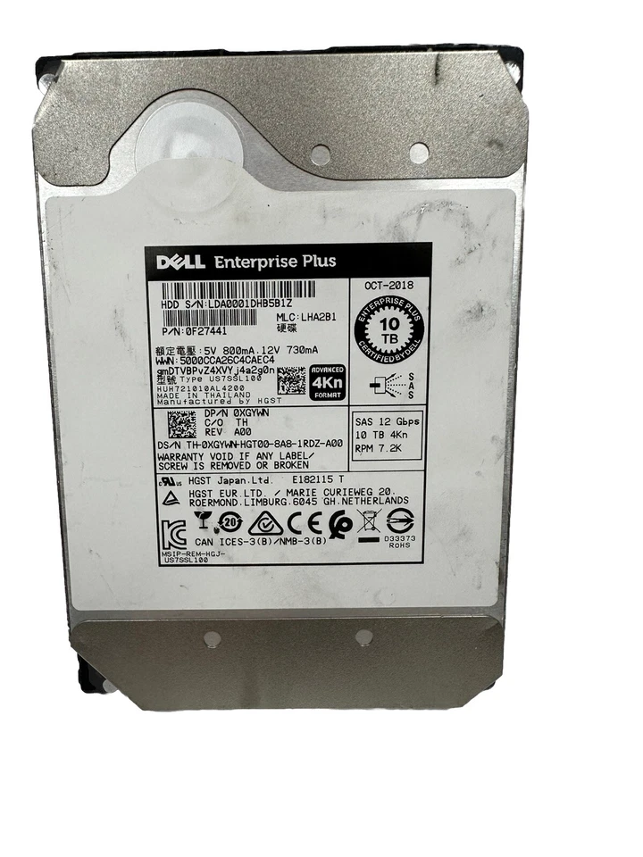 Dell XGYWN 10TB Enterprise Plus LFF 3.5in SAS-3 12G 7.2K HDD 0XGYWN - Image 1 of 4