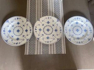 X3 Vintage FURNIVALS Blue Denmark 10" Dinner Plates Large China Plate White Old - Picture 1 of 9