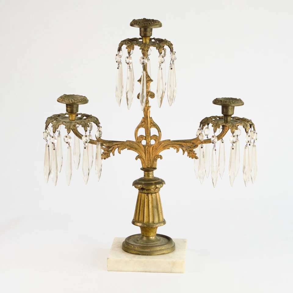 Antique Gilt Brass Candleabra w/ Drop Crystals Three Arm Candle Candleholder - Image 1 of 4