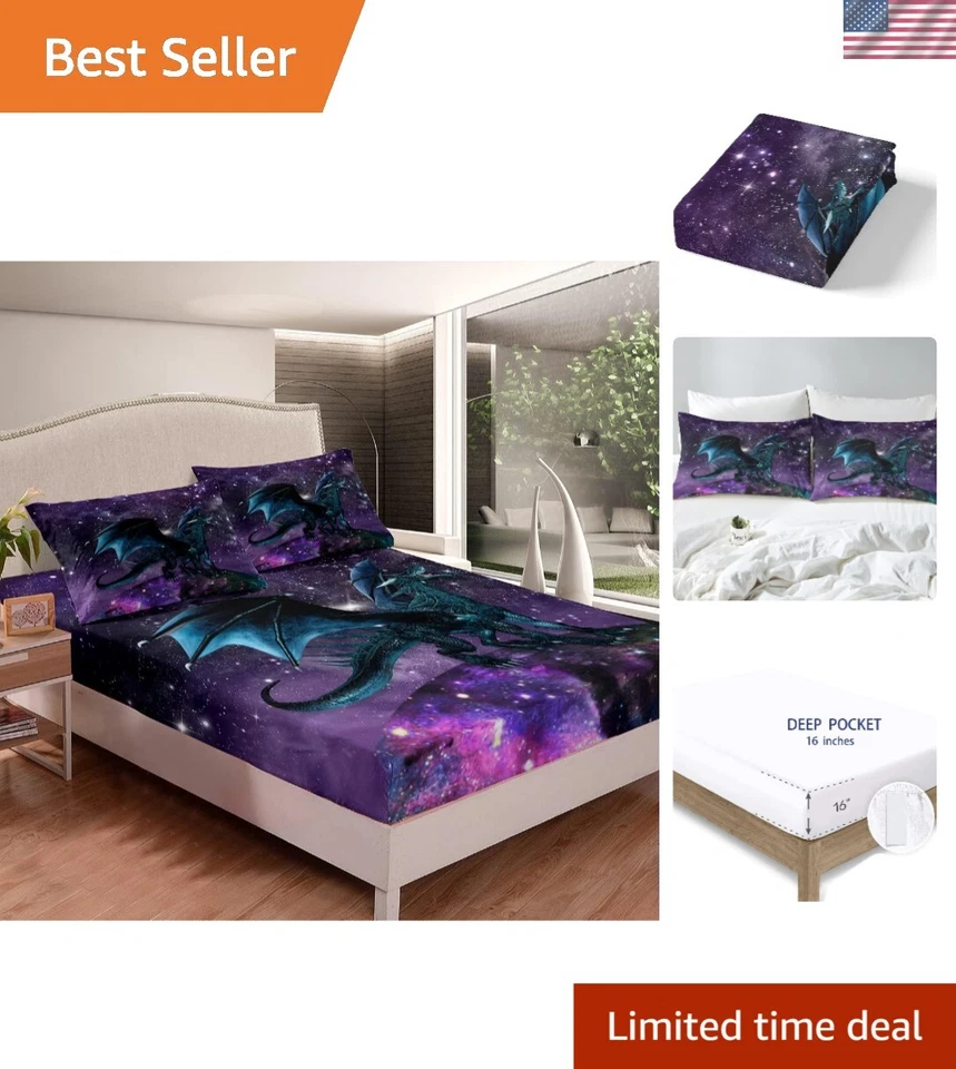 Breathable Kids' Bedding Set: Twin Size Fitted Sheet & Pillowcase - Dragon Theme - Image 1 of 4