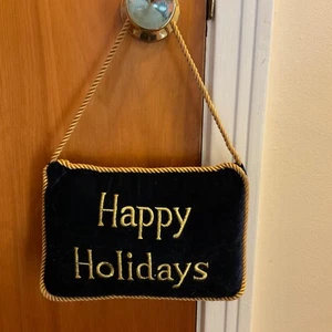 Mini Pillow Happy Holidays Door Hanger Dark Blue Gold Velvet 9.5 in x 6.5in. - Picture 1 of 5