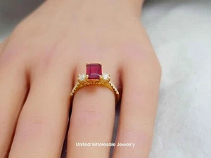 3.02Ct Genuine Mined Real Ruby And Diamond 3 Stone Ring In Solid 14K Yellow Gold - Picture 1 of 11