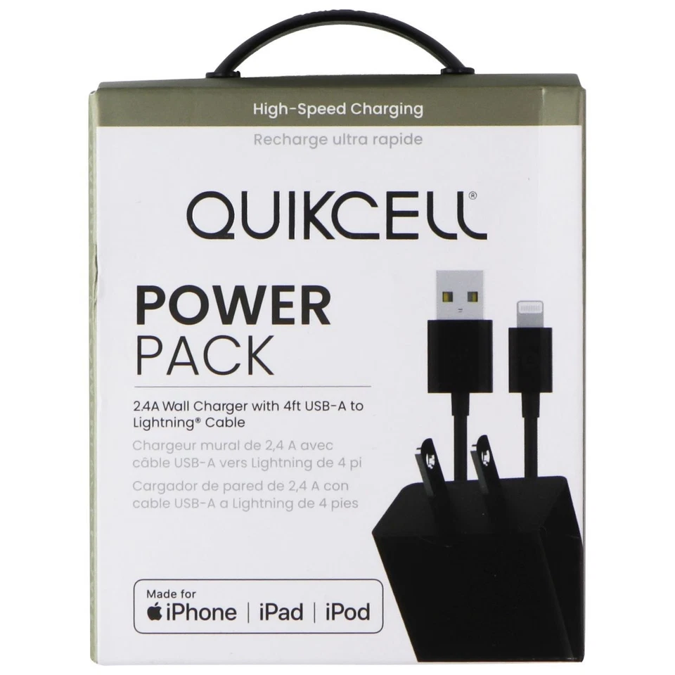Настенное зарядное устройство Quikcell Power Pack 2,4 А с кабелем USB-A на 8 контактов 4 фута - Изображение 1 из 2