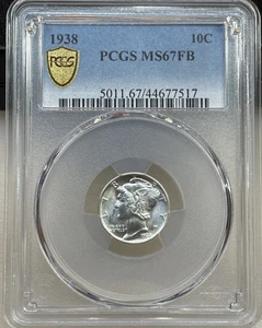 1938 "P" Mercury SILVER Dime 10c PCGS MS67 FB #263 Gem BU *FULL BANDS* - Picture 1 of 2