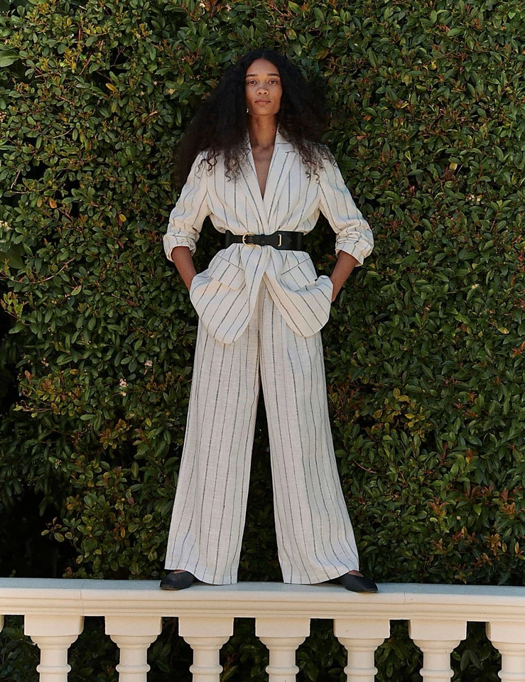 M&S Linen Blazer Jacket Women’s 8 White Striped Relaxed  - Image 1 of 1