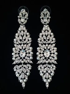 EARRING made with Swarovski Crystal Dangle Drop Wedding Bridal Silver Pearl SW30 - Picture 1 of 7