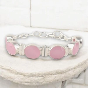 925 Sterling Silver Rose Chalcedony Stone Chain Womens Gift New Bracelet Jewelry - Picture 1 of 6