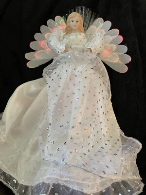 LED Fiber Optic Angel Tree Topper 12 Inch Silver White Colored lights - Image 1 of 4