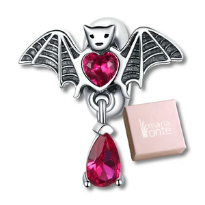 MariaFonte Charm Pipistrello Cuore Corallo Rosso Argento 925 Compatibile - Picture 1 of 7