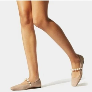 FOWT Nude Square Toe Slip on Flats Pearl Studded Strap Pumps Wedding Shoes - Picture 1 of 8