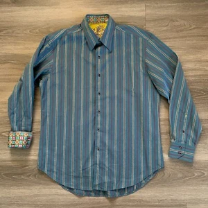 Robert Graham Mens Large Flip Cuff Button Up Shirt Striped Long Sleeve Blue - Picture 1 of 10