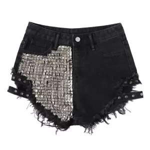 Rivet Women Denim Hot Pants Shorts Hollow Out Bandage Ripped Studded Summer - Picture 1 of 9