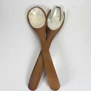Vintage Wood And Capiz Shell Salad Serving Utensils Spoon Fork 12” AA2 - Picture 1 of 4