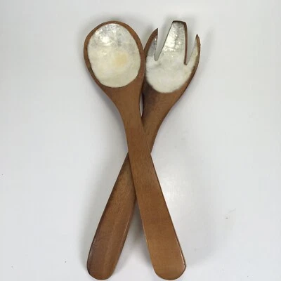 Vintage Wood And Capiz Shell Salad Serving Utensils Spoon Fork 12” AA2 - Image 1 of 4