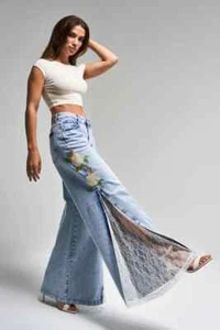 Women’s Floral Embroidered Lace Detail Denim Jeans – Mid Rise Wide Leg Jeans - Picture 1 of 6