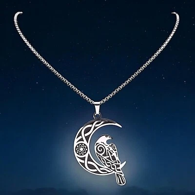 Viking Raven Necklace 316L Stainless Steel Norse Crow Crescent Moon Pendant - Image 1 of 4