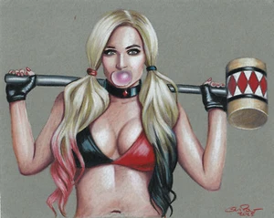 Harley Quinn 8x10 Original Colored Pencil Drawing NO RESERVE Bubblegum Mallet - Picture 1 of 5