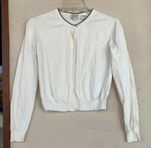 LOFT IVORY Cotton Cardigan with Black Trim at neck - Picture 1 of 4