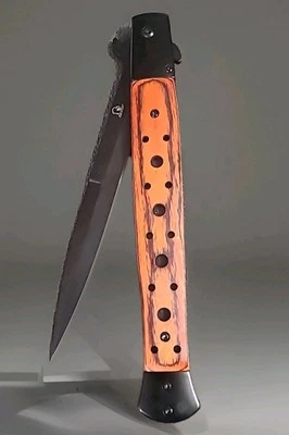 12" GIANT SPRING ASSISTED TACTICAL FOLDING BLADE OPEN POCKET KNIFE WOOD HANDLE - Image 1 of 4