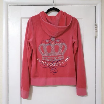 复古 Juicy Couture 粉红色丝绒闪光皇冠全拉链连帽衫 M Y2K — 第 1/4 张图片