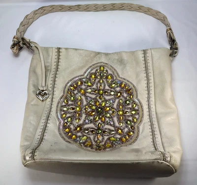 Brighton Pewter Anju Embellished Purse Jewel Masterpiece White Leather Bag Hobo - Image 1 of 4