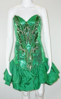 Vintage 80’s Alyce Designs Green Sequin Prom Dress Mini 6 Beaded Flowers - Image 1 of 4