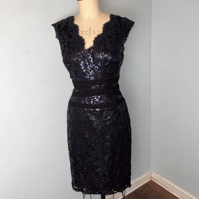 Tadashi Shoji Size 10 Sequin Lace Sheath Dress Cocktail Party V Neck Black - Image 1 of 3